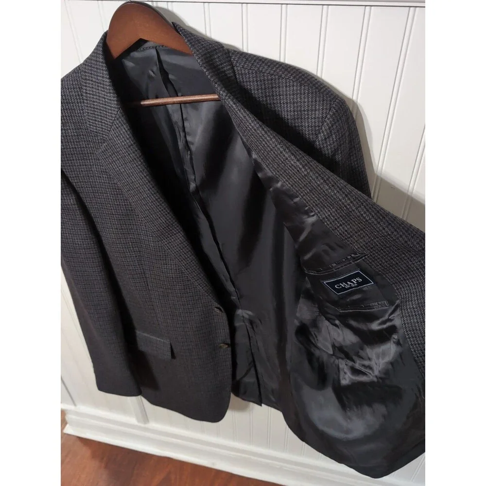 CHAPS SPORT COAT MEN'S 42L NAVY BLUE Lambswool Houndstooth 2 Button Blazer